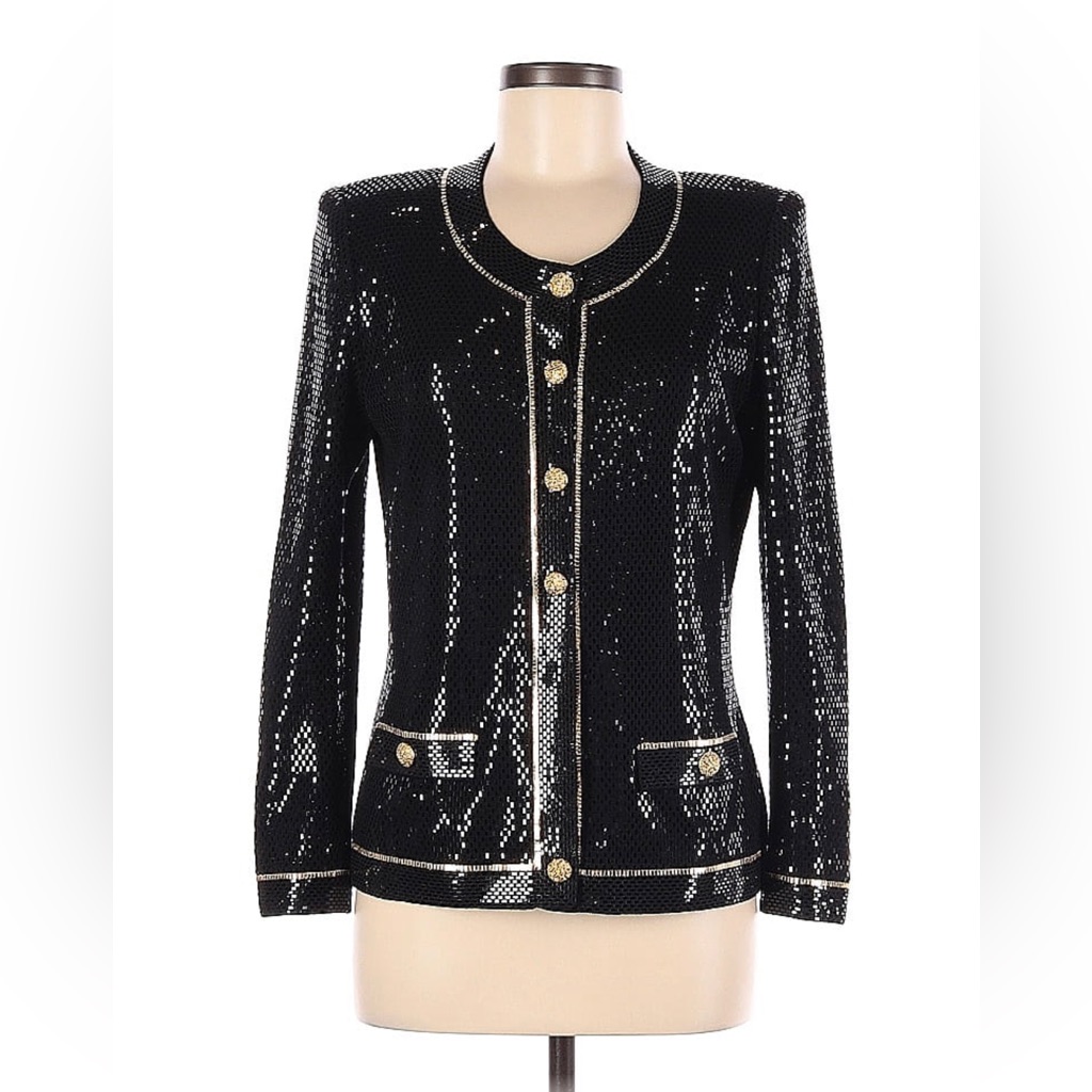 Stunning St John Knit Evening Jacket Suit Blazer Black Sequin Gold Buttons 6